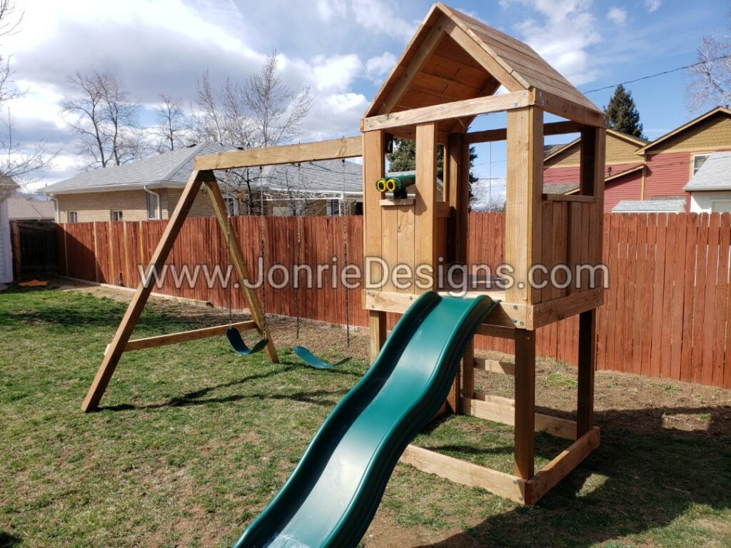 4'x4' Clubhouse with wooden roof, 4' Deck height, Standard slide, Ladder entry, Binoculars, 8' Swing beam with 2 Standard swings