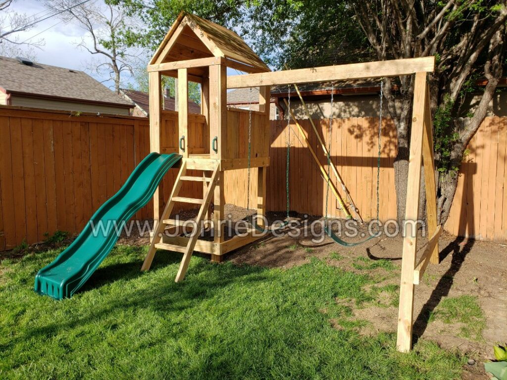 4'x4' Clubhouse with wooden roof, 4' Deck height, Standard slide, Slanted ladder, 8' Swing beam with 2 Standard swings