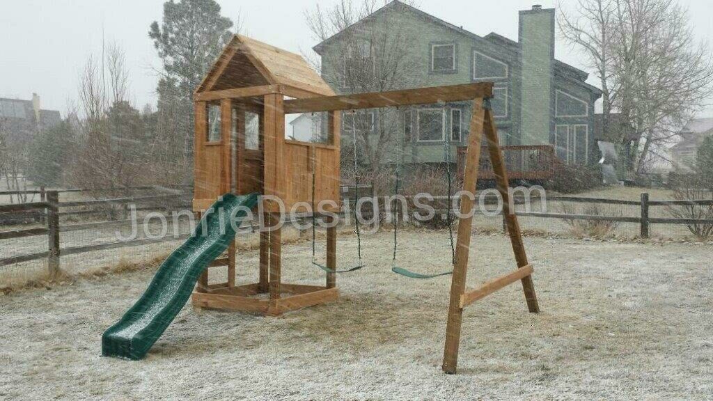 4'x4' Clubhouse with wooden roof, 4' Deck Height, Standard slide, Ladder entry, 8' Swing beam with 2 Standard swings