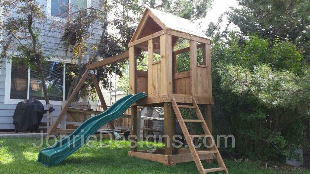 4'x4' Clubhouse with wooden roof, 4' Deck Height, Standard slide, Slanted ladder entry, 8' Swing beam with 2 Standard swings