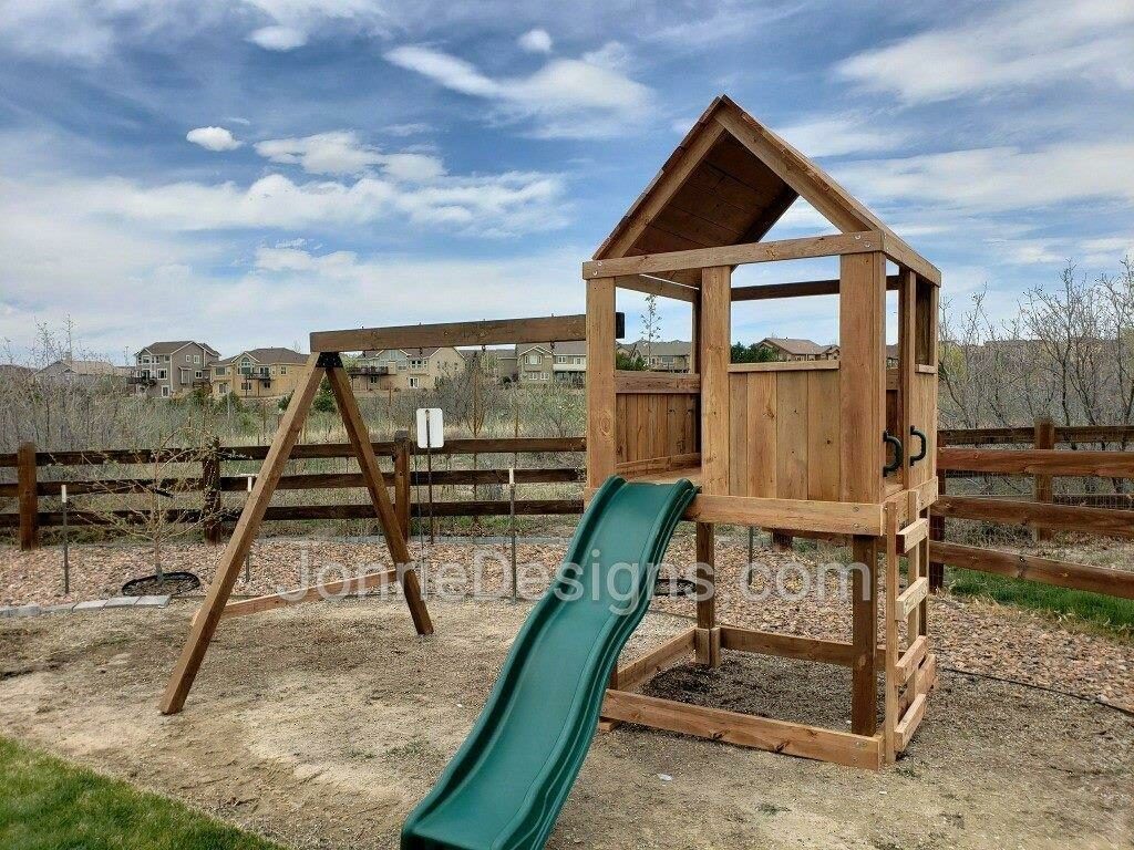 5'x5' Clubhouse with wooden roof, 4' deck height, 4' Standard slide, Ladder entry, 8' Swing beam with 2 Standard swings