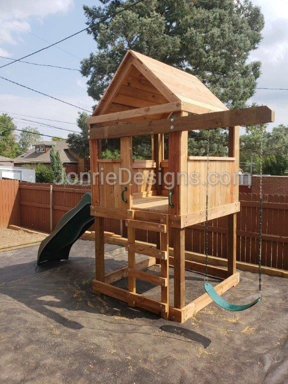 5'x5' Clubhouse with wooden roof, 4' Deck height, 4' Upgraded slide, Ladder entry, 3' Cantilever & Standard swing